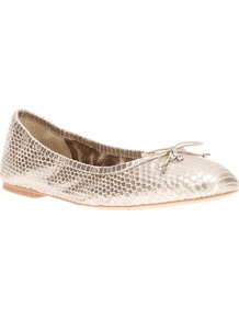 'Felicia' Ballerina Flat - predominant colour: gold; occasions: casual, evening, holiday; material: leather; heel height: flat; toe: round toe; style: ballerinas / pumps; trends: metallics; finish: metallic; pattern: animal print; embellishment: bow