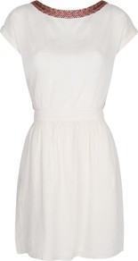 Ethnic Inspired Dress, White - style: tea dress; length: mid thigh; neckline: round neck; sleeve style: capped; fit: fitted at waist; pattern: plain; bust detail: added detail/embellishment at bust; waist detail: fitted waist; back detail: low cut/open back; predominant colour: white; occasions: casual, evening, occasion, holiday; hip detail: soft pleats at hip/draping at hip/flared at hip; sleeve length: short sleeve; texture group: cotton feel fabrics; trends: volume; pattern type: fabric; embellishment: embroidered; fibres: viscose/rayon - mix