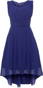 Purple Knot Front Chiffon Dip Hem Dress - neckline: round neck; fit: fitted at waist; pattern: plain; sleeve style: sleeveless; waist detail: structured pleats at waist; predominant colour: purple; length: just above the knee; style: asymmetric (hem); fibres: polyester/polyamide - 100%; occasions: occasion; hip detail: structured pleats at hip; sleeve length: sleeveless; texture group: sheer fabrics/chiffon/organza etc.; bust detail: tiers/frills/bulky drapes/pleats; pattern type: fabric