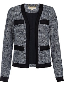 Bouclé Jacket - style: single breasted blazer; collar: round collar/collarless; pattern: herringbone/tweed; secondary colour: white; predominant colour: black; occasions: casual, evening, work, occasion; length: standard; fit: straight cut (boxy); fibres: polyester/polyamide - mix; sleeve length: long sleeve; sleeve style: standard; collar break: low/open; pattern type: fabric; pattern size: small & light; texture group: tweed - light/midweight