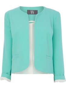 Mint Crinkle Crepe Jacket - pattern: plain; collar: round collar/collarless; length: cropped; style: boxy; predominant colour: mint green; occasions: evening, occasion; fit: straight cut (boxy); fibres: polyester/polyamide - stretch; sleeve length: 3/4 length; sleeve style: standard; collar break: low/open; pattern type: fabric; texture group: woven light midweight