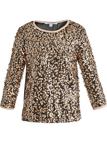 Kavita Top - neckline: round neck; waist detail: belted waist/tie at waist/drawstring; back detail: contrast pattern/fabric at back; secondary colour: nude; predominant colour: black; occasions: evening, occasion; length: standard; style: top; fibres: nylon - mix; fit: straight cut; sleeve length: long sleeve; sleeve style: standard; texture group: sheer fabrics/chiffon/organza etc.; trends: metallics; pattern type: fabric; pattern size: small & busy; pattern: patterned/print; embellishment: sequins