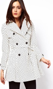 Spot Skater Mac - style: mac; pattern: polka dot; collar: standard lapel/rever collar; length: mid thigh; predominant colour: white; secondary colour: black; occasions: casual, work; fit: tailored/fitted; fibres: cotton - mix; waist detail: belted waist/tie at waist/drawstring; sleeve length: long sleeve; sleeve style: standard; texture group: cotton feel fabrics; collar break: medium; pattern type: fabric; pattern size: small & busy