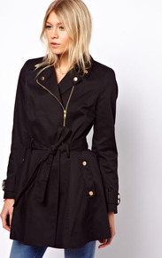 Skater Biker Mac - pattern: plain; style: belted jacket; hip detail: side pockets at hip; collar: asymmetric biker; length: below the bottom; fit: slim fit; predominant colour: black; occasions: casual, work; fibres: polyester/polyamide - mix; waist detail: belted waist/tie at waist/drawstring; sleeve length: long sleeve; sleeve style: standard; texture group: cotton feel fabrics; collar break: medium; pattern type: fabric