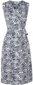 Gigi Wrap Dress White - style: faux wrap/wrap; neckline: v-neck; fit: tailored/fitted; sleeve style: sleeveless; waist detail: belted waist/tie at waist/drawstring; secondary colour: white; predominant colour: navy; occasions: casual, work, occasion; length: on the knee; fibres: viscose/rayon - stretch; sleeve length: sleeveless; trends: statement prints; pattern type: fabric; pattern size: standard; pattern: patterned/print; texture group: jersey - stretchy/drapey