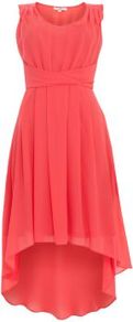 Coral Knot Front Chiffon Dip Hem Dress - neckline: round neck; fit: empire; pattern: plain; sleeve style: sleeveless; waist detail: structured pleats at waist; predominant colour: coral; length: just above the knee; style: asymmetric (hem); fibres: polyester/polyamide - 100%; occasions: occasion; hip detail: structured pleats at hip; sleeve length: sleeveless; texture group: sheer fabrics/chiffon/organza etc.; pattern type: fabric