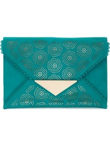 Turquoise Cut Out Envelope Clutch - predominant colour: teal; secondary colour: gold; occasions: evening, holiday; type of pattern: light; style: clutch; length: hand carry; size: standard; material: faux leather; finish: plain; pattern: patterned/print