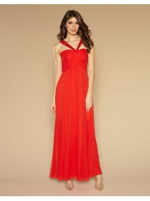 Janeiro Maxi Dress - neckline: low v-neck; pattern: plain; sleeve style: sleeveless; style: maxi dress; bust detail: ruching/gathering/draping/layers/pintuck pleats at bust; predominant colour: true red; occasions: evening, occasion; length: floor length; fit: fitted at waist & bust; fibres: silk - 100%; hip detail: soft pleats at hip/draping at hip/flared at hip; sleeve length: sleeveless; texture group: sheer fabrics/chiffon/organza etc.; pattern type: fabric; embellishment: beading
