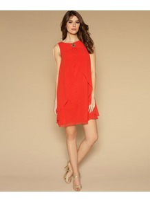 Rafaela Prom Dress - style: a-line; neckline: round neck; fit: loose; pattern: plain; sleeve style: sleeveless; predominant colour: true red; occasions: evening, occasion; length: just above the knee; fibres: polyester/polyamide - 100%; sleeve length: sleeveless; texture group: sheer fabrics/chiffon/organza etc.; pattern type: fabric; embellishment: beading