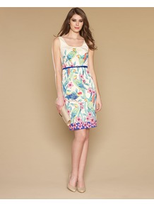 Parrot Print Dress - style: shift; sleeve style: standard vest straps/shoulder straps; fit: tailored/fitted; back detail: low cut/open back; waist detail: belted waist/tie at waist/drawstring; bust detail: ruching/gathering/draping/layers/pintuck pleats at bust; secondary colour: white; length: just above the knee; neckline: scoop; fibres: cotton - stretch; occasions: occasion; predominant colour: multicoloured; sleeve length: sleeveless; trends: statement prints; pattern type: fabric; pattern size: big & busy; pattern: patterned/print; texture group: jersey - stretchy/drapey