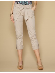 Clarissa Casual Trousers - pattern: plain; pocket detail: pockets at the sides; waist detail: belted waist/tie at waist/drawstring; waist: mid/regular rise; predominant colour: stone; occasions: casual, holiday; length: calf length; style: chino; fibres: cotton - stretch; texture group: cotton feel fabrics; fit: slim leg; pattern type: fabric