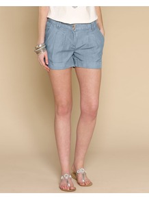 Tanya Tencel Shorts - pattern: plain; pocket detail: pockets at the sides; length: short shorts; waist: mid/regular rise; predominant colour: denim; occasions: casual, holiday; fibres: polyester/polyamide - 100%; hip detail: front pleats at hip level; texture group: cotton feel fabrics; fit: slim leg; pattern type: fabric; style: standard
