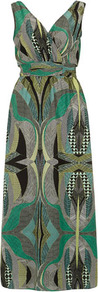 Green Graphica Maxi Dress - neckline: low v-neck; fit: empire; sleeve style: sleeveless; style: maxi dress; back detail: low cut/open back; waist detail: twist front waist detail/nipped in at waist on one side/soft pleats/draping/ruching/gathering waist detail; predominant colour: emerald green; secondary colour: mid grey; occasions: casual, evening, holiday; length: floor length; fibres: polyester/polyamide - 100%; sleeve length: sleeveless; texture group: sheer fabrics/chiffon/organza etc.; trends: statement prints, modern geometrics; bust detail: tiers/frills/bulky drapes/pleats; pattern type: fabric; pattern size: big & busy; pattern: patterned/print