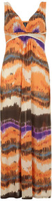 Multi Orange Maxi Dress - neckline: low v-neck; fit: empire; sleeve style: sleeveless; style: maxi dress; back detail: low cut/open back; predominant colour: bright orange; occasions: evening, occasion, holiday; length: floor length; fibres: polyester/polyamide - stretch; sleeve length: sleeveless; trends: statement prints; bust detail: tiers/frills/bulky drapes/pleats; pattern type: fabric; pattern size: big & busy; pattern: patterned/print; texture group: other - light to midweight