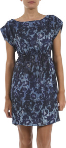 Blurred Floral Day Dress - style: shift; length: mid thigh; sleeve style: capped; fit: fitted at waist; waist detail: fitted waist; predominant colour: navy; occasions: casual, evening; fibres: viscose/rayon - 100%; neckline: crew; sleeve length: short sleeve; texture group: cotton feel fabrics; pattern type: fabric; pattern size: small & busy; pattern: patterned/print
