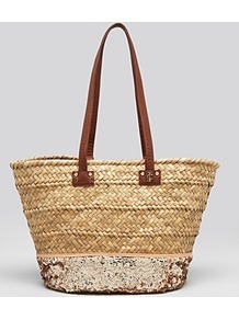 Tote Straw & Sequin Beach - predominant colour: stone; secondary colour: champagne; occasions: casual, holiday; style: tote; length: shoulder (tucks under arm); size: standard; material: macrame/raffia/straw; embellishment: sequins; pattern: plain; finish: plain
