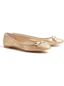 Gold Anaconda Milly Ballet Flats - predominant colour: gold; secondary colour: gold; occasions: casual, evening, work, holiday; material: leather; heel height: flat; toe: round toe; style: ballerinas / pumps; trends: metallics; finish: metallic; pattern: plain; embellishment: bow