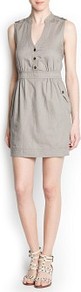 Linen Cotton Blend Shirt Dress - style: shift; length: mid thigh; fit: tailored/fitted; pattern: plain; sleeve style: sleeveless; bust detail: buttons at bust (in middle at breastbone)/zip detail at bust; predominant colour: stone; occasions: casual; neckline: collarstand & mandarin with v-neck; fibres: linen - mix; shoulder detail: discreet epaulette; sleeve length: sleeveless; texture group: cotton feel fabrics; pattern type: fabric