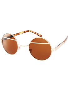 Split Round Sunglasses - predominant colour: gold; occasions: casual, holiday; style: round; size: standard; material: chain/metal; pattern: tortoiseshell; finish: metallic