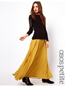 Petite Pleated Maxi Skirt - pattern: plain; fit: loose/voluminous; waist: mid/regular rise; predominant colour: mustard; occasions: casual, evening, occasion, holiday; length: floor length; style: maxi skirt; fibres: polyester/polyamide - 100%; hip detail: soft pleats at hip/draping at hip/flared at hip; texture group: sheer fabrics/chiffon/organza etc.; pattern type: fabric