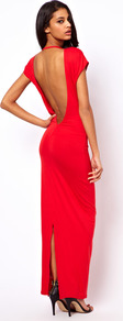 Maxi Dress With Low Back - neckline: slash/boat neckline; sleeve style: capped; pattern: plain; style: maxi dress; length: ankle length; back detail: cowl/draping/scoop at back; predominant colour: true red; occasions: evening, occasion; fit: body skimming; fibres: viscose/rayon - stretch; hip detail: slits at hip; sleeve length: sleeveless; pattern type: fabric; texture group: jersey - stretchy/drapey