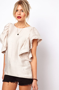 Shell Top With Dramatic Ruffle Sleeves - neckline: round neck; sleeve style: angel/waterfall; pattern: plain; length: below the bottom; predominant colour: ivory; occasions: casual, evening, occasion, holiday; style: top; fit: straight cut; sleeve length: short sleeve; texture group: silky - light; trends: metallics; bust detail: tiers/frills/bulky drapes/pleats; pattern type: fabric; fibres: viscose/rayon - mix