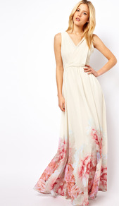 Floral Hem Maxi Dress - neckline: v-neck; fit: fitted at waist; sleeve style: sleeveless; style: maxi dress; waist detail: fitted waist; predominant colour: white; secondary colour: pink; occasions: casual, evening, occasion, holiday; length: floor length; fibres: polyester/polyamide - 100%; hip detail: contrast fabric/print detail at hip; sleeve length: sleeveless; texture group: sheer fabrics/chiffon/organza etc.; trends: high impact florals, volume; pattern type: fabric; pattern size: standard; pattern: florals