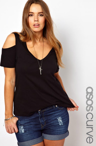 Curve Top With Cold Shoulder - neckline: low v-neck; sleeve style: open slash; pattern: plain; predominant colour: black; occasions: casual; length: standard; style: top; fibres: cotton - 100%; fit: body skimming; sleeve length: short sleeve; texture group: jersey - stretchy/drapey