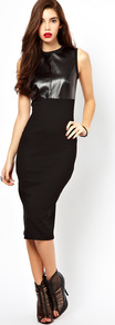Sleeveless Midi Dress With Pu Panel - length: below the knee; fit: tight; pattern: plain; sleeve style: sleeveless; style: bodycon; hip detail: fitted at hip; predominant colour: black; occasions: evening; fibres: polyester/polyamide - stretch; neckline: crew; bust detail: contrast pattern/fabric/detail at bust; sleeve length: sleeveless; texture group: jersey - clingy; trends: glamorous day shifts; pattern type: fabric