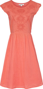 Iris Embroidered Dress - neckline: round neck; sleeve style: capped; pattern: plain; waist detail: fitted waist; predominant colour: coral; occasions: casual, evening, work, holiday; length: just above the knee; fit: fitted at waist & bust; style: fit & flare; fibres: cotton - 100%; hip detail: ruching/gathering at hip; sleeve length: short sleeve; texture group: cotton feel fabrics; pattern type: fabric; embellishment: embroidered