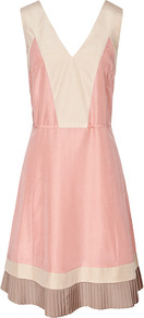 Jesse Fabric Panel Fit N Flare Dress - neckline: low v-neck; sleeve style: sleeveless; waist detail: fitted waist; back detail: low cut/open back; shoulder detail: contrast pattern/fabric at shoulder; bust detail: ruching/gathering/draping/layers/pintuck pleats at bust; secondary colour: ivory; predominant colour: blush; occasions: evening, occasion; length: just above the knee; fit: fitted at waist & bust; style: fit & flare; fibres: silk - 100%; hip detail: soft pleats at hip/draping at hip/flared at hip; sleeve length: sleeveless; texture group: silky - light; pattern type: fabric; pattern size: small & light; pattern: colourblock