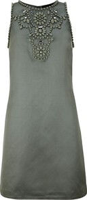 Beaded 60s Dress - style: shift; length: mid thigh; neckline: round neck; pattern: plain; sleeve style: sleeveless; bust detail: added detail/embellishment at bust; predominant colour: mid grey; occasions: evening, occasion; fit: body skimming; sleeve length: sleeveless; trends: glamorous day shifts; pattern type: fabric; pattern size: small & light; texture group: other - light to midweight; embellishment: beading; fibres: viscose/rayon - mix