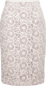 Coleta Skirt, Chalk - style: pencil; fit: body skimming; waist: mid/regular rise; predominant colour: ivory; occasions: evening, occasion; length: on the knee; fibres: polyester/polyamide - 100%; texture group: lace; pattern type: fabric; pattern size: standard; pattern: florals