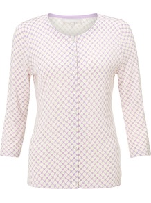 Mali Cardigan, Chalk/Wisteria - neckline: round neck; predominant colour: ivory; occasions: casual, work; length: standard; style: standard; fibres: silk - mix; fit: slim fit; sleeve length: 3/4 length; sleeve style: standard; texture group: knits/crochet; pattern type: knitted - fine stitch; pattern size: small & busy; pattern: patterned/print