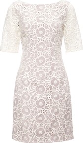 Felice Dress, Chalk - style: shift; fit: tailored/fitted; pattern: plain; waist detail: fitted waist; back detail: low cut/open back; predominant colour: white; secondary colour: white; occasions: evening, occasion; length: just above the knee; fibres: polyester/polyamide - 100%; neckline: crew; sleeve length: short sleeve; sleeve style: standard; texture group: lace; pattern type: fabric