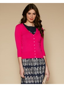 Eloise Broderie Trim Cardigan - neckline: low v-neck; pattern: plain; predominant colour: hot pink; occasions: casual, work; length: standard; style: standard; fibres: cotton - 100%; fit: slim fit; sleeve length: 3/4 length; sleeve style: standard; texture group: knits/crochet; pattern type: knitted - fine stitch