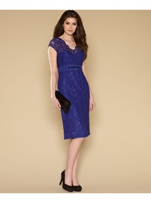 Layla Lace Dress - style: shift; neckline: low v-neck; sleeve style: capped; fit: tailored/fitted; pattern: plain; waist detail: embellishment at waist/feature waistband; predominant colour: royal blue; occasions: evening, occasion; length: on the knee; fibres: polyester/polyamide - 100%; sleeve length: short sleeve; texture group: lace; trends: glamorous day shifts; pattern type: fabric; embellishment: beading