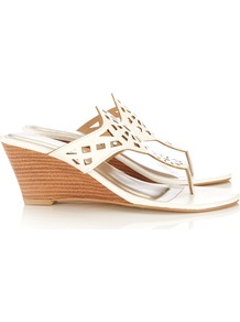 White Wedge Sandal - predominant colour: white; occasions: casual, work, holiday; material: faux leather; heel height: mid; heel: wedge; toe: toe thongs; style: slides; finish: plain; pattern: plain; embellishment: applique