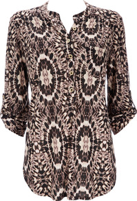 Stone Printed Shirt - style: blouse; bust detail: buttons at bust (in middle at breastbone)/zip detail at bust; predominant colour: chocolate brown; occasions: casual; length: standard; neckline: mandarin with v-neck; fibres: viscose/rayon - 100%; fit: body skimming; sleeve length: 3/4 length; sleeve style: standard; pattern type: fabric; pattern size: standard; pattern: patterned/print; texture group: jersey - stretchy/drapey