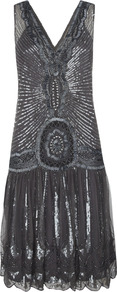 Flapper Dress - neckline: low v-neck; pattern: plain; sleeve style: sleeveless; style: drop waist; back detail: low cut/open back; predominant colour: charcoal; occasions: evening, occasion; length: just above the knee; fit: body skimming; fibres: nylon - 100%; sleeve length: sleeveless; texture group: silky - light; trends: metallics; pattern type: fabric; embellishment: beading