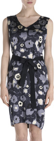 Cloud Print Silk Dress - style: shift; neckline: v-neck; sleeve style: sleeveless; waist detail: belted waist/tie at waist/drawstring; secondary colour: pale blue; predominant colour: navy; occasions: evening, occasion; length: just above the knee; fit: body skimming; fibres: silk - 100%; sleeve length: sleeveless; texture group: silky - light; trends: high impact florals; pattern type: fabric; pattern size: standard; pattern: florals