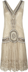 Flapper Dress - neckline: low v-neck; pattern: plain; sleeve style: sleeveless; style: drop waist; back detail: low cut/open back; predominant colour: champagne; occasions: evening, occasion; length: just above the knee; fit: body skimming; fibres: nylon - 100%; sleeve length: sleeveless; texture group: silky - light; trends: metallics; pattern type: fabric; embellishment: beading