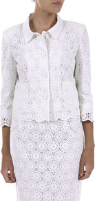 Circle Broderie Anglaise Jacket - pattern: plain; style: single breasted blazer; predominant colour: white; occasions: evening, work, occasion; length: standard; fit: tailored/fitted; fibres: cotton - 100%; collar: shirt collar/peter pan/zip with opening; sleeve length: 3/4 length; sleeve style: standard; collar break: high/illusion of break when open; pattern type: fabric; texture group: broiderie anglais