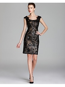 Dress Gold Underlay Sequin Lace - style: shift; sleeve style: capped; fit: tailored/fitted; waist detail: fitted waist; secondary colour: bronze; predominant colour: black; occasions: evening, occasion; length: just above the knee; neckline: scoop; fibres: polyester/polyamide - 100%; sleeve length: sleeveless; texture group: lace; pattern type: fabric; pattern: patterned/print; embellishment: sequins
