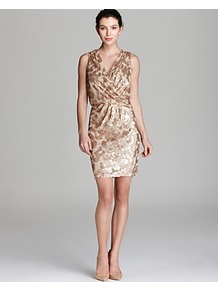 Dress V Neck Sequin Blouson - style: faux wrap/wrap; length: mid thigh; neckline: low v-neck; fit: fitted at waist; sleeve style: sleeveless; waist detail: fitted waist; bust detail: ruching/gathering/draping/layers/pintuck pleats at bust; secondary colour: ivory; predominant colour: nude; occasions: evening, occasion; sleeve length: sleeveless; texture group: lycra/elastane mixes; pattern type: fabric; pattern size: standard; pattern: patterned/print; embellishment: sequins; fibres: nylon - stretch
