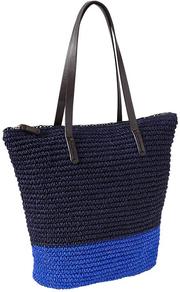 Colorblock Straw Tote - secondary colour: diva blue; predominant colour: navy; occasions: casual, holiday; type of pattern: standard; style: tote; length: shoulder (tucks under arm); size: standard; material: macrame/raffia/straw; finish: plain; pattern: colourblock