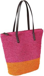Colorblock Straw Tote - predominant colour: hot pink; secondary colour: bright orange; occasions: casual, holiday; type of pattern: standard; style: tote; length: shoulder (tucks under arm); size: standard; material: macrame/raffia/straw; finish: plain; pattern: colourblock
