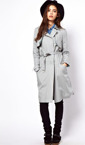 Midi Mac - pattern: plain; hip detail: side pockets at hip; style: mac; length: on the knee; collar: standard lapel/rever collar; predominant colour: light grey; occasions: casual, work; fit: straight cut (boxy); fibres: viscose/rayon - 100%; waist detail: belted waist/tie at waist/drawstring; back detail: back vent/flap at back; sleeve length: long sleeve; sleeve style: standard; texture group: cotton feel fabrics; collar break: medium; pattern type: fabric; pattern size: standard