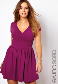 Curve Exclusive Skater Dress With Ballet Wrap And Short Sleeve - style: faux wrap/wrap; neckline: low v-neck; pattern: plain; waist detail: twist front waist detail/nipped in at waist on one side/soft pleats/draping/ruching/gathering waist detail; predominant colour: purple; occasions: casual, evening; length: just above the knee; fit: fitted at waist & bust; fibres: cotton - stretch; hip detail: soft pleats at hip/draping at hip/flared at hip; sleeve length: short sleeve; sleeve style: standard; trends: volume; pattern type: fabric; pattern size: standard; texture group: jersey - stretchy/drapey