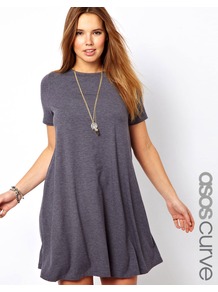 Curve Swing Dress With Short Sleeve - style: smock; length: mid thigh; fit: loose; pattern: plain; predominant colour: mid grey; occasions: casual; fibres: viscose/rayon - stretch; neckline: crew; sleeve length: short sleeve; sleeve style: standard; pattern type: fabric; texture group: jersey - stretchy/drapey